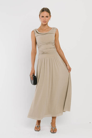 Luna Ruched Maxi Dress in Taupe