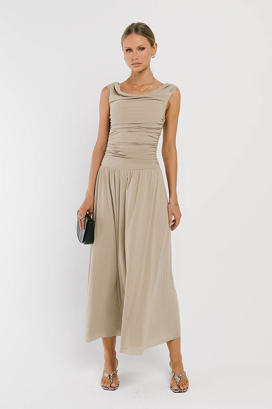 Luna Ruched Maxi Dress in Taupe