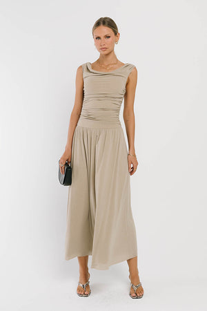 Luna Ruched Maxi Dress in Taupe