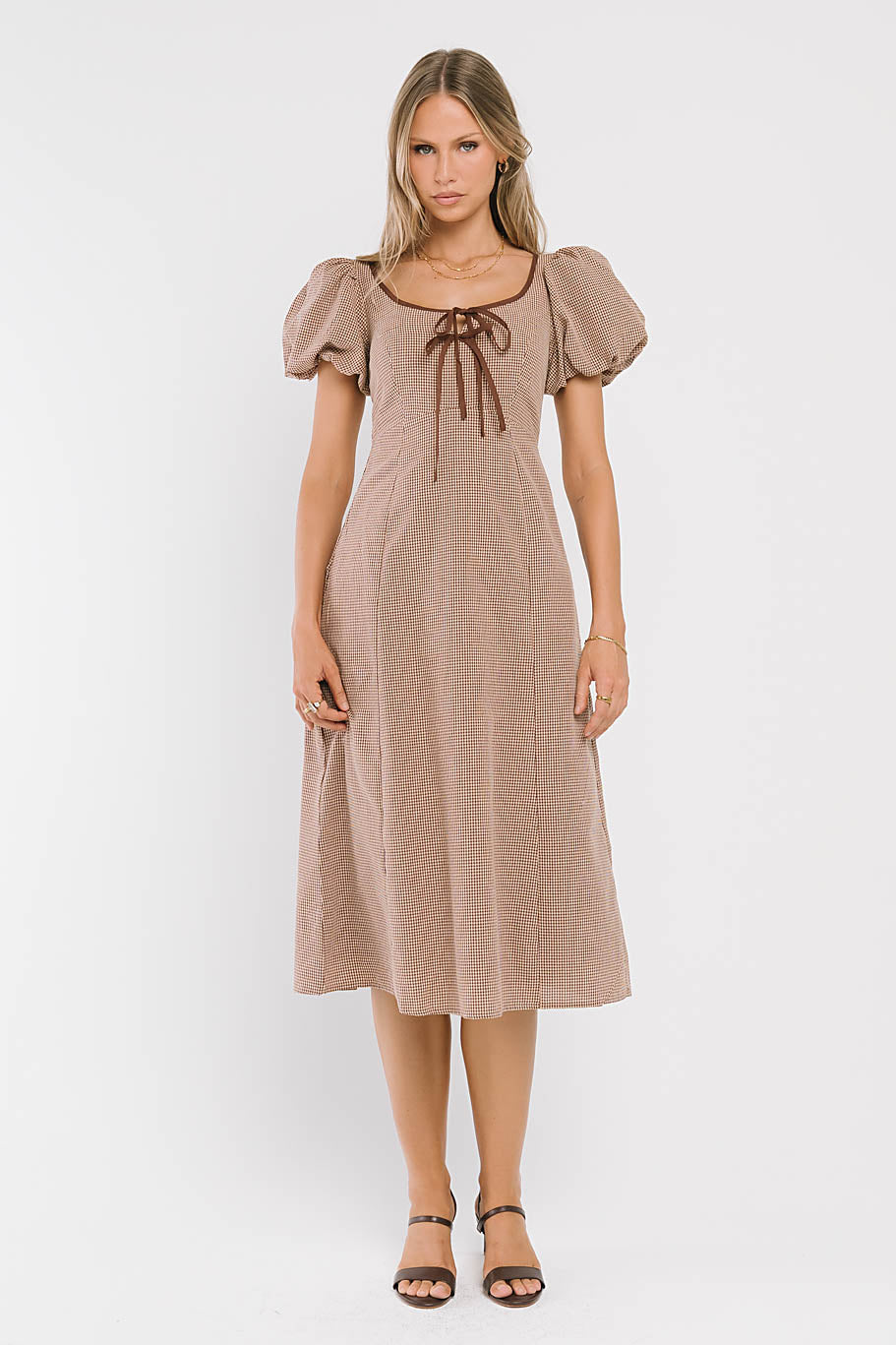 Elle Gingham Midi Dress in Tan