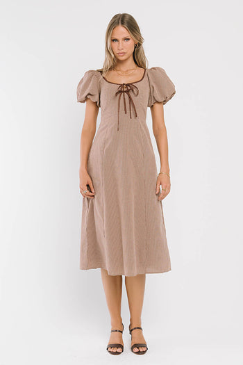 Elle Gingham Midi Dress in Tan