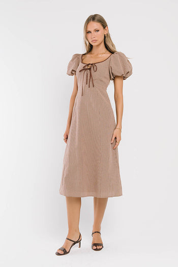 Elle Gingham Midi Dress in Tan