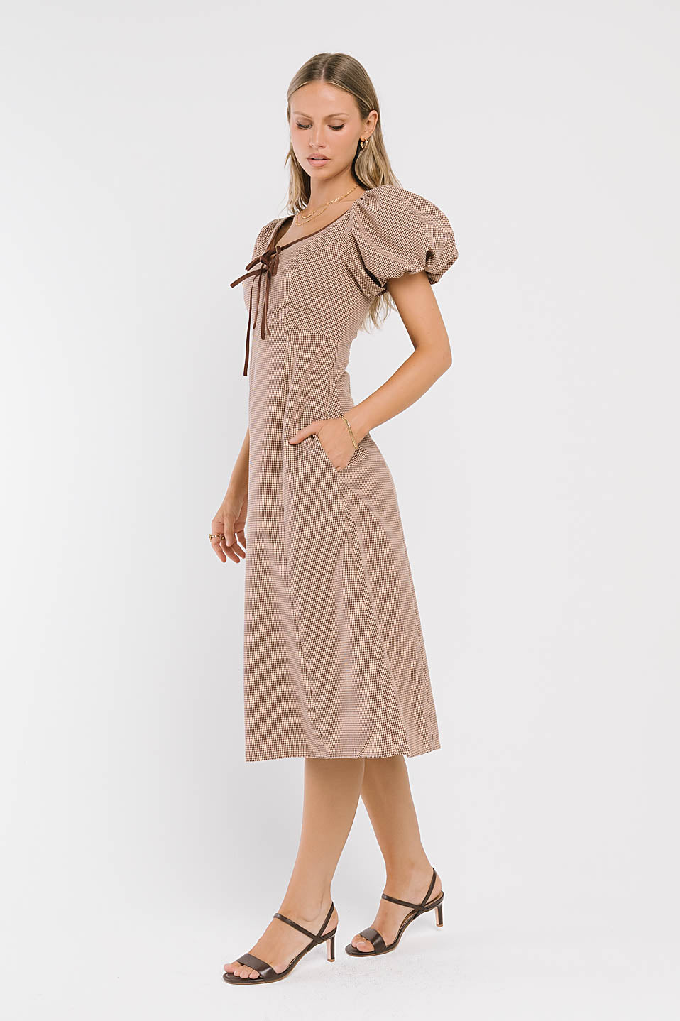 Elle Gingham Midi Dress in Tan