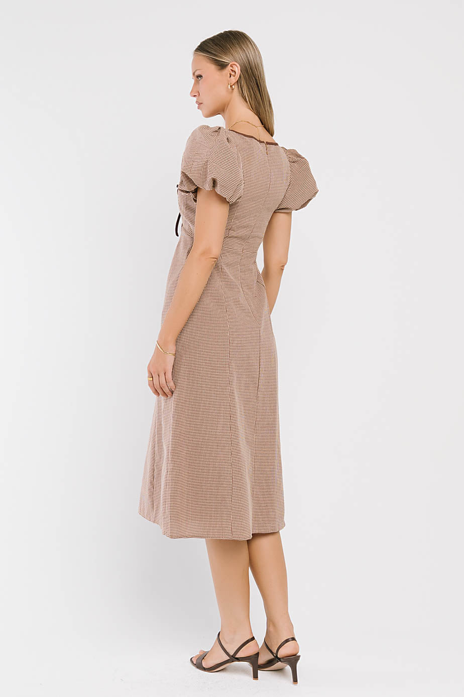Elle Gingham Midi Dress in Tan