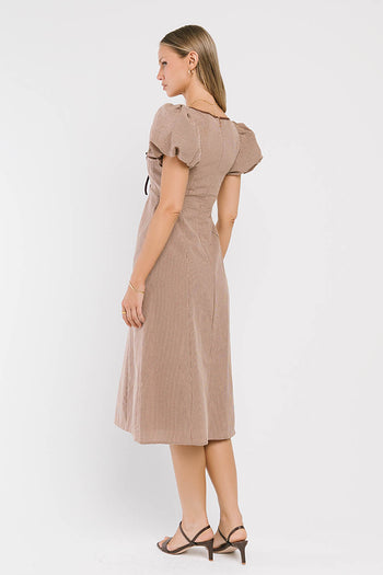 Elle Gingham Midi Dress in Tan