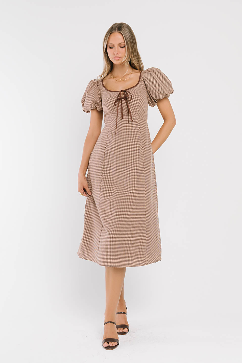 Elle Gingham Midi Dress in Tan
