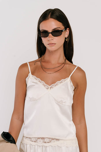 Bricelyn Lace Trim Satin Top in Cream