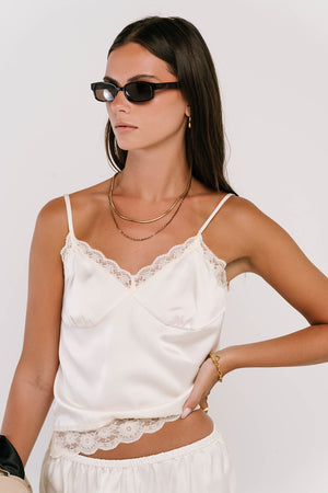Bricelyn Lace Trim Satin Top in Cream
