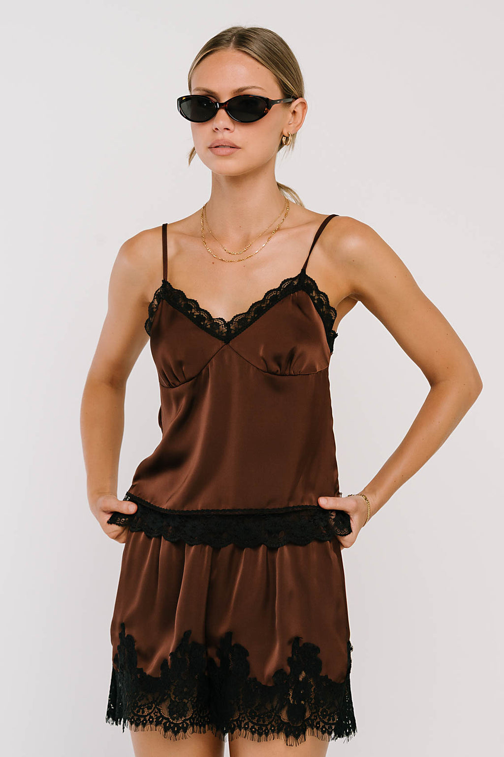 Bricelyn Lace Trim Satin Top in Brown