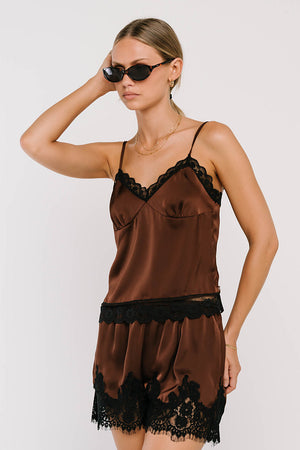 Bricelyn Lace Trim Satin Top in Brown