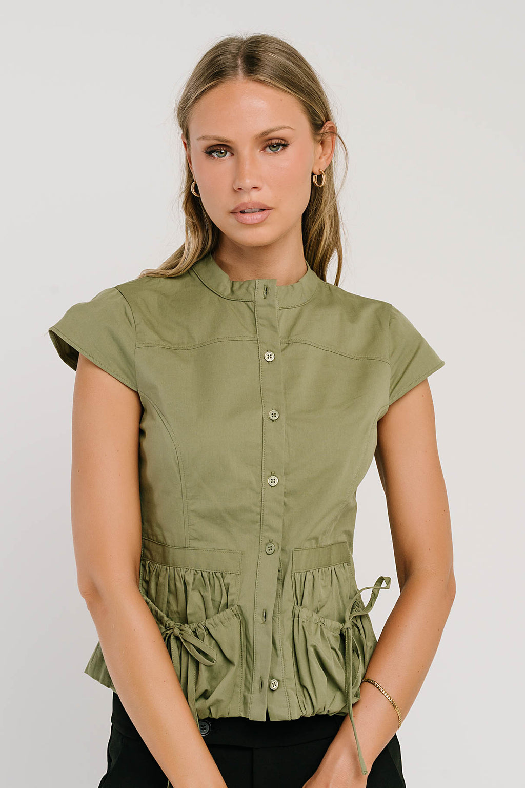 Mila Button Down Top in Olive