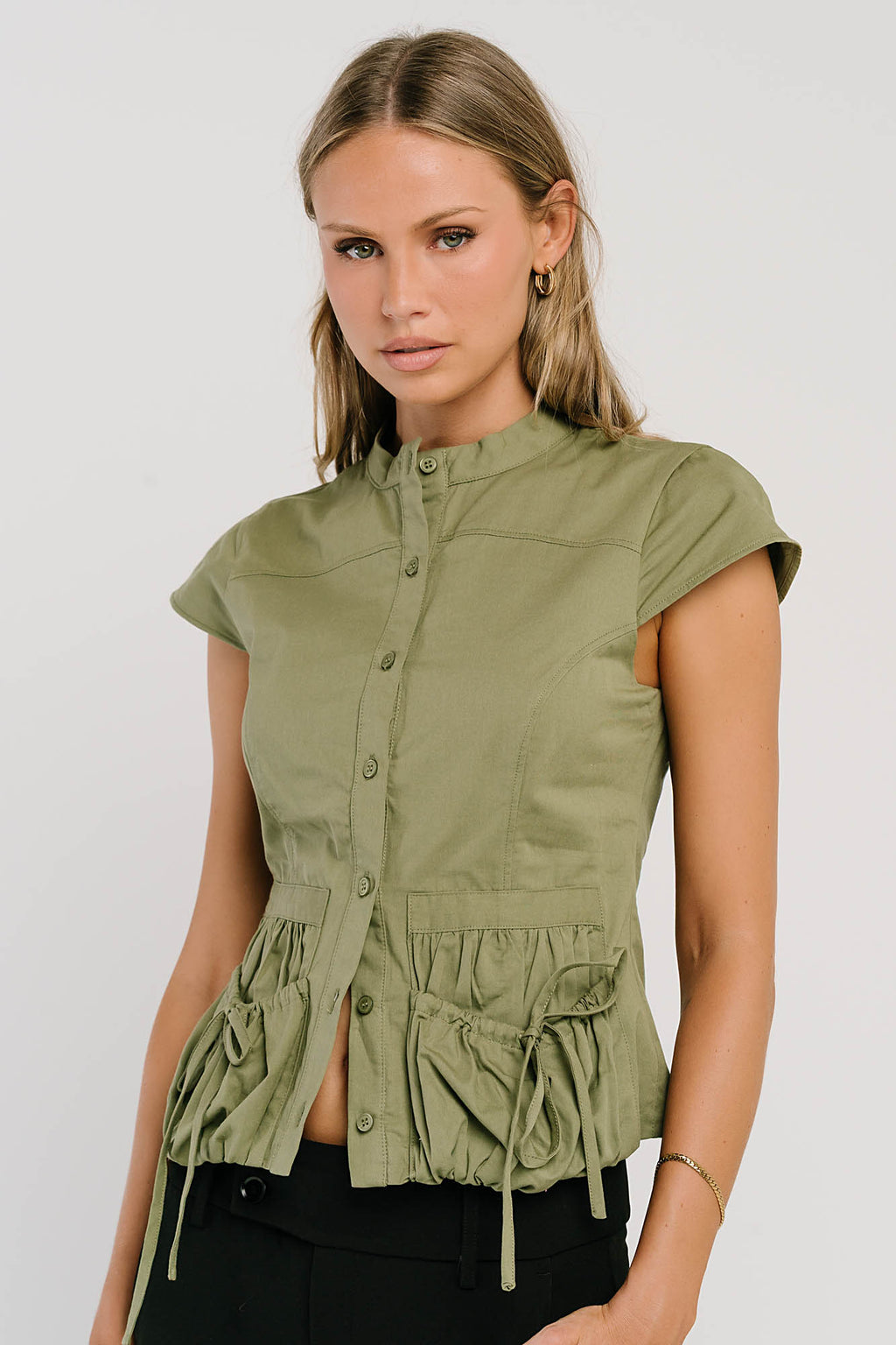 Mila Button Down Top in Olive