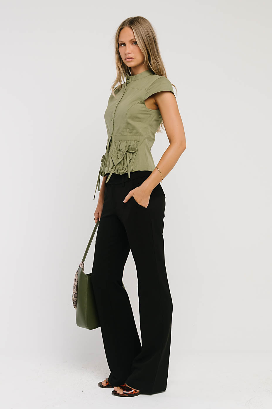 Mila Button Down Top in Olive