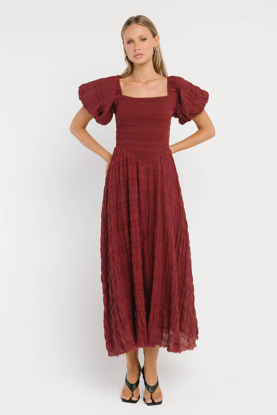 Beckie Smocked Maxi Dress in Burgundy