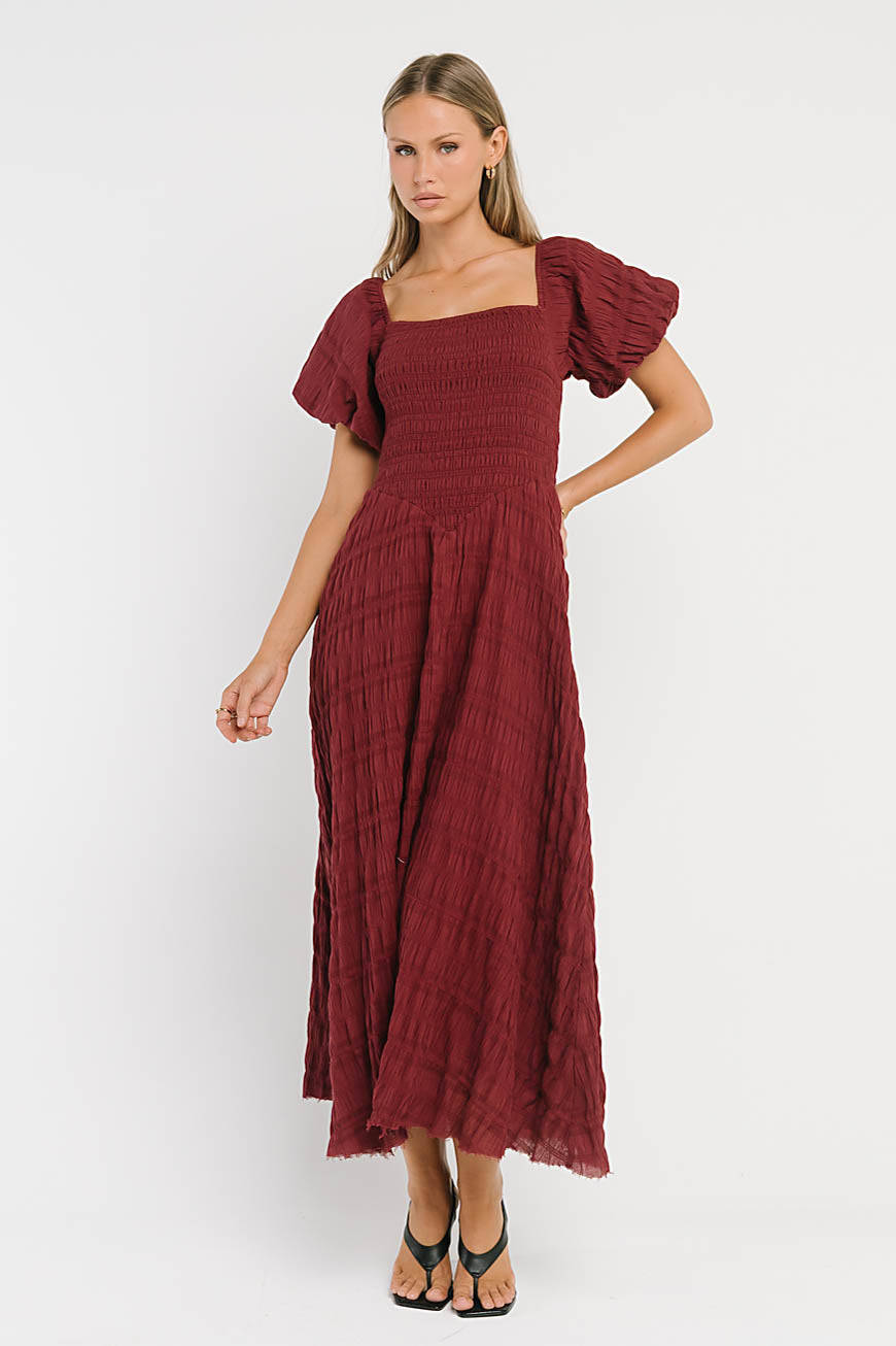 Beckie Smocked Maxi Dress in Burgundy