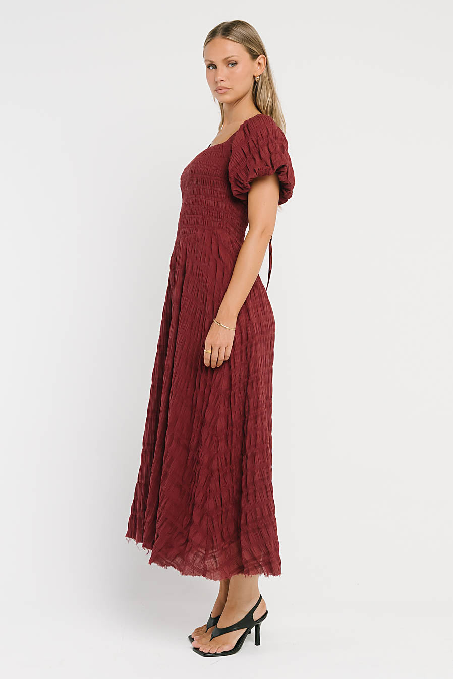 Beckie Smocked Maxi Dress in Burgundy