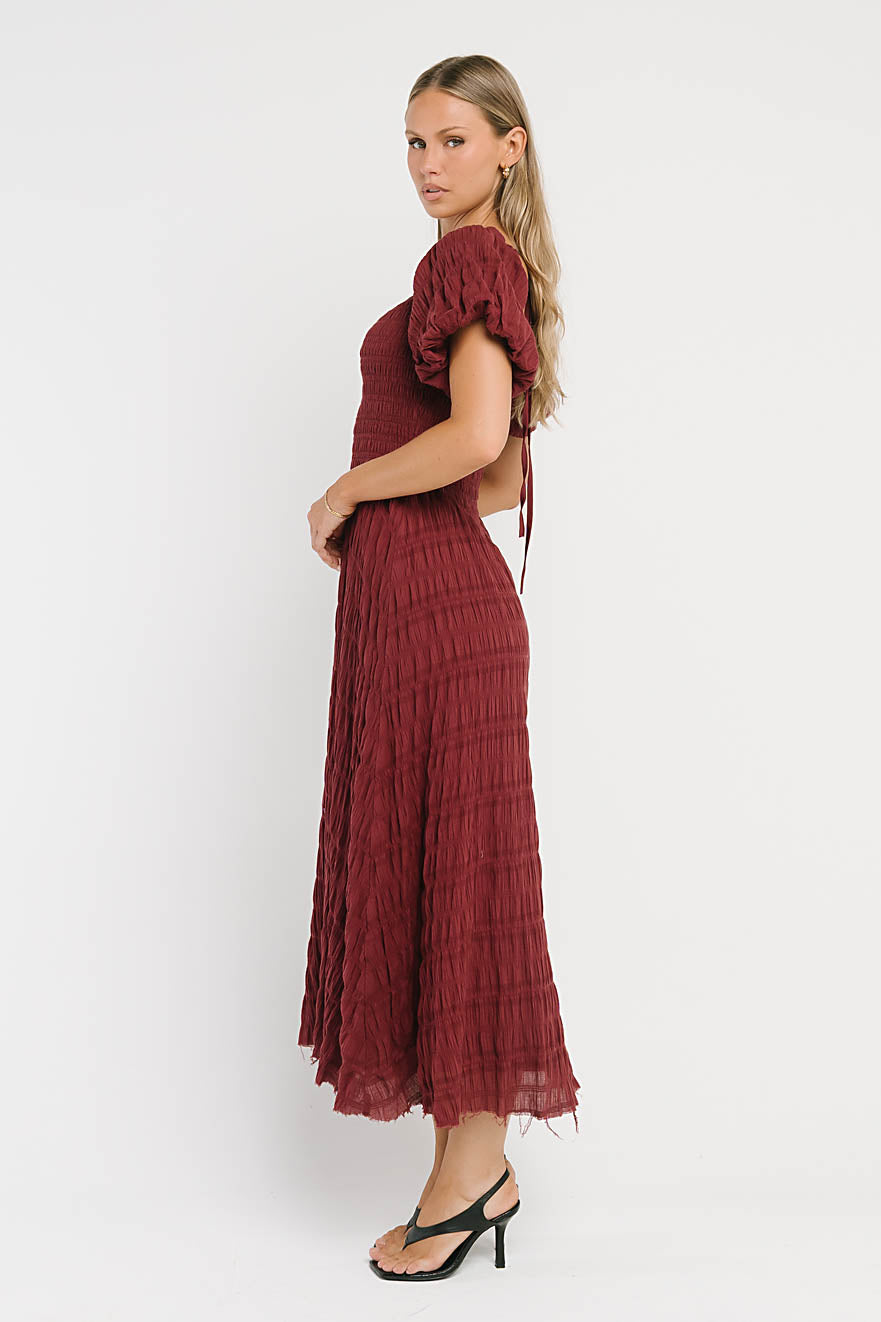 Beckie Smocked Maxi Dress in Burgundy