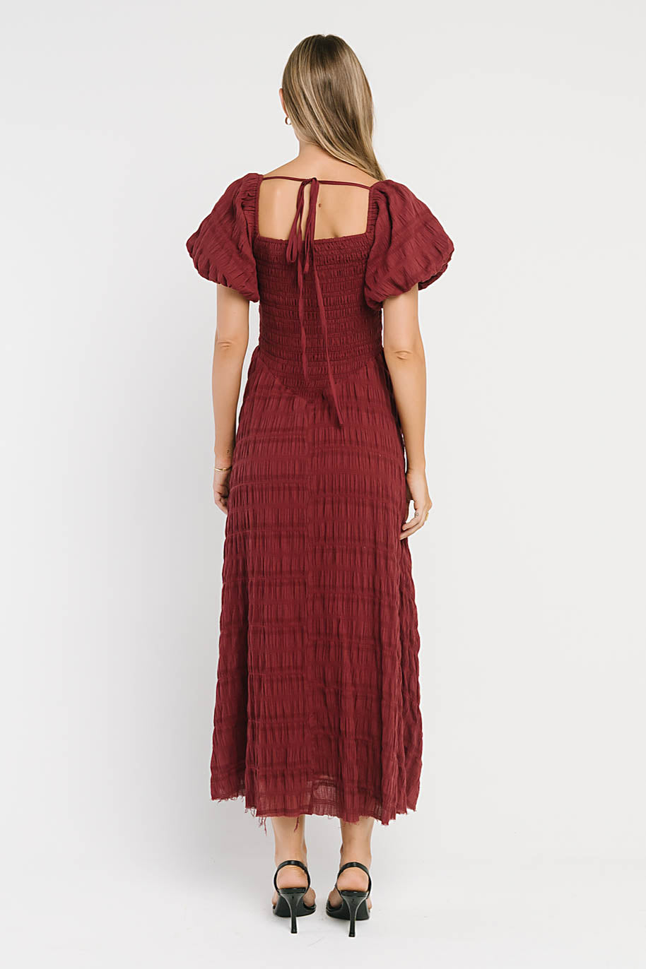 Beckie Smocked Maxi Dress in Burgundy