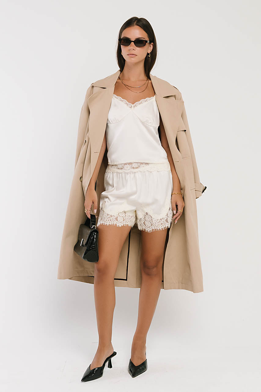 Bricelyn Lace Trim Satin Shorts in Cream