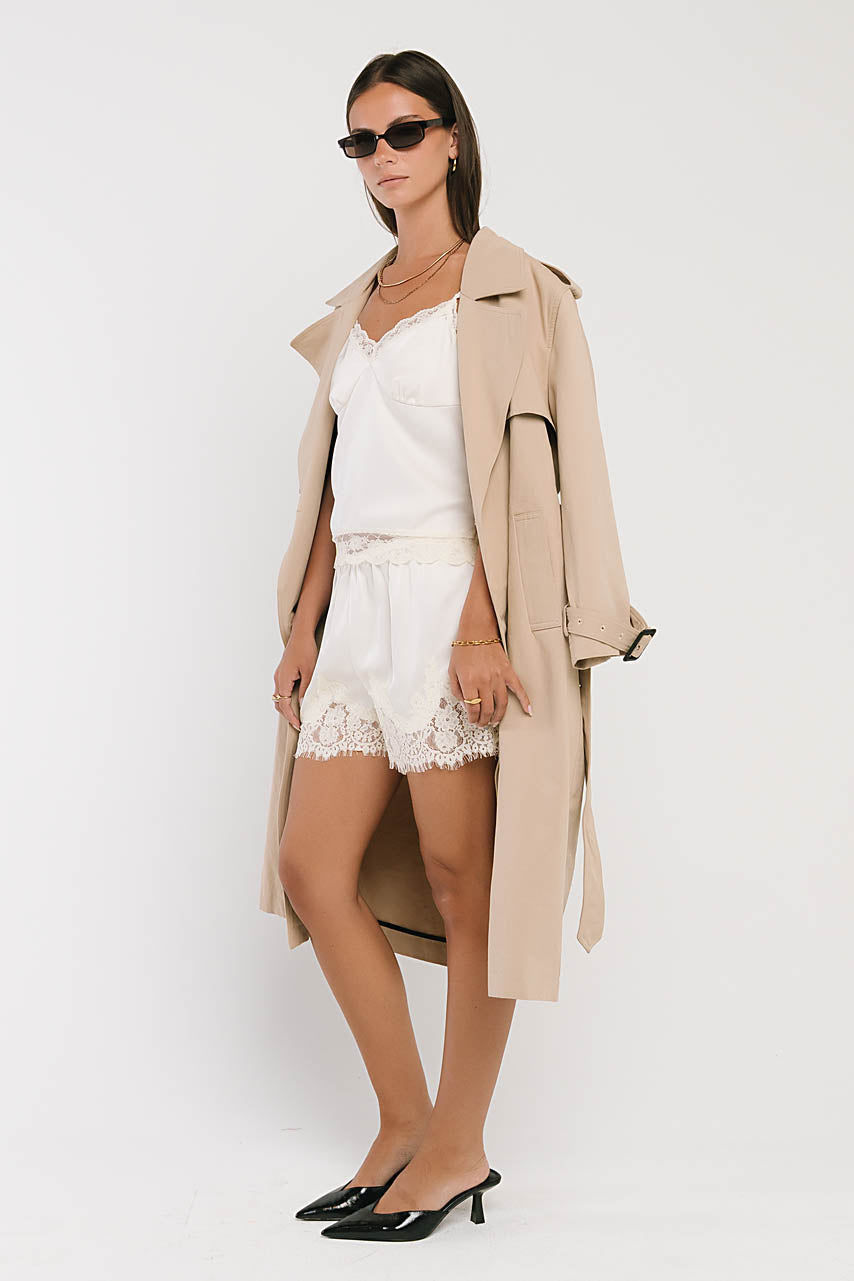 Bricelyn Lace Trim Satin Shorts in Cream