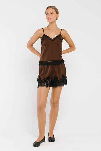 Bricelyn Lace Trim Satin Shorts in Brown