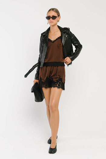Bricelyn Lace Trim Satin Shorts in Brown
