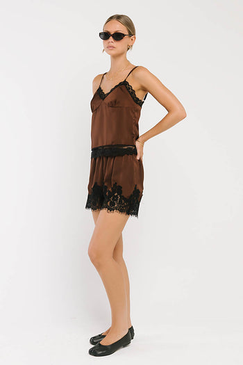 Bricelyn Lace Trim Satin Shorts in Brown