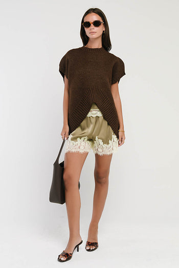 Bricelyn Lace Trim Satin Shorts in Olive