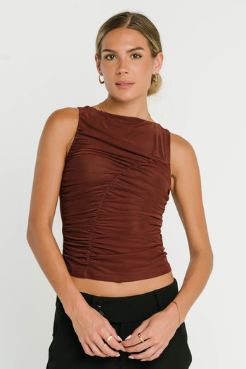 Melly Diagonal Ruched Top in Brown