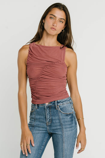 Melly Diagonal Ruched Top in Mauve