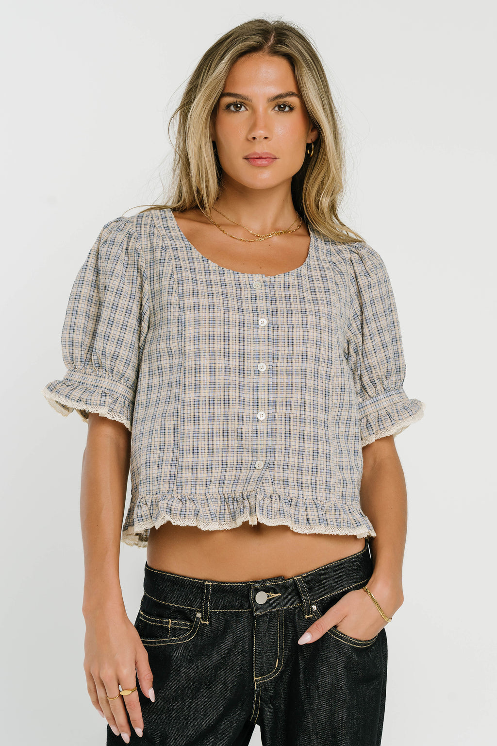 Rachelle Gingham Lace Trim Blouse