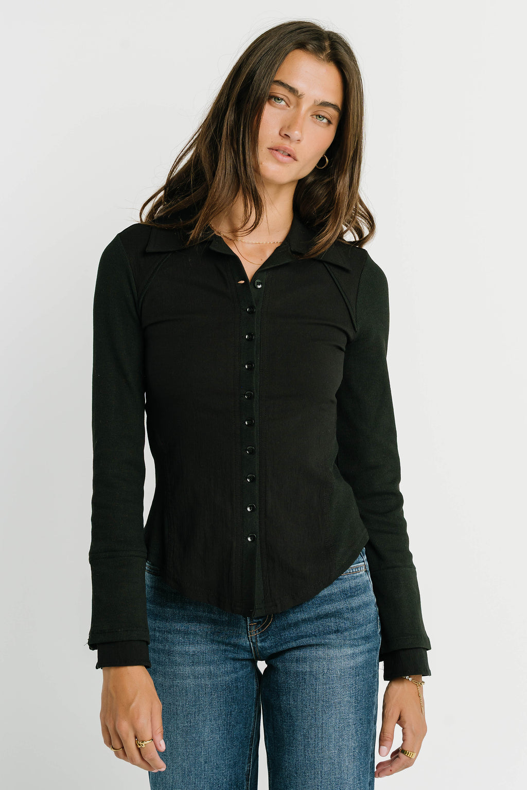 Alisa Mixed Media Button Up in Black