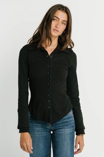 Alisa Mixed Media Button Up in Black