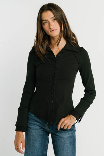 Alisa Mixed Media Button Up in Black
