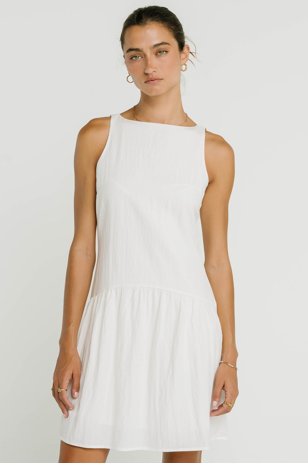 Jolena Drop Waist Mini Dress in White