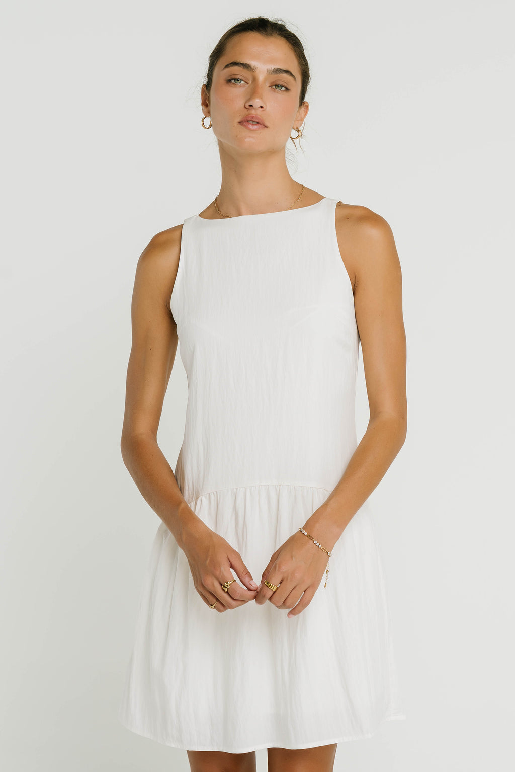 Jolena Drop Waist Mini Dress in White