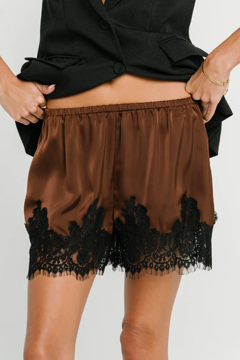 Bricelyn Lace Trim Satin Shorts in Brown