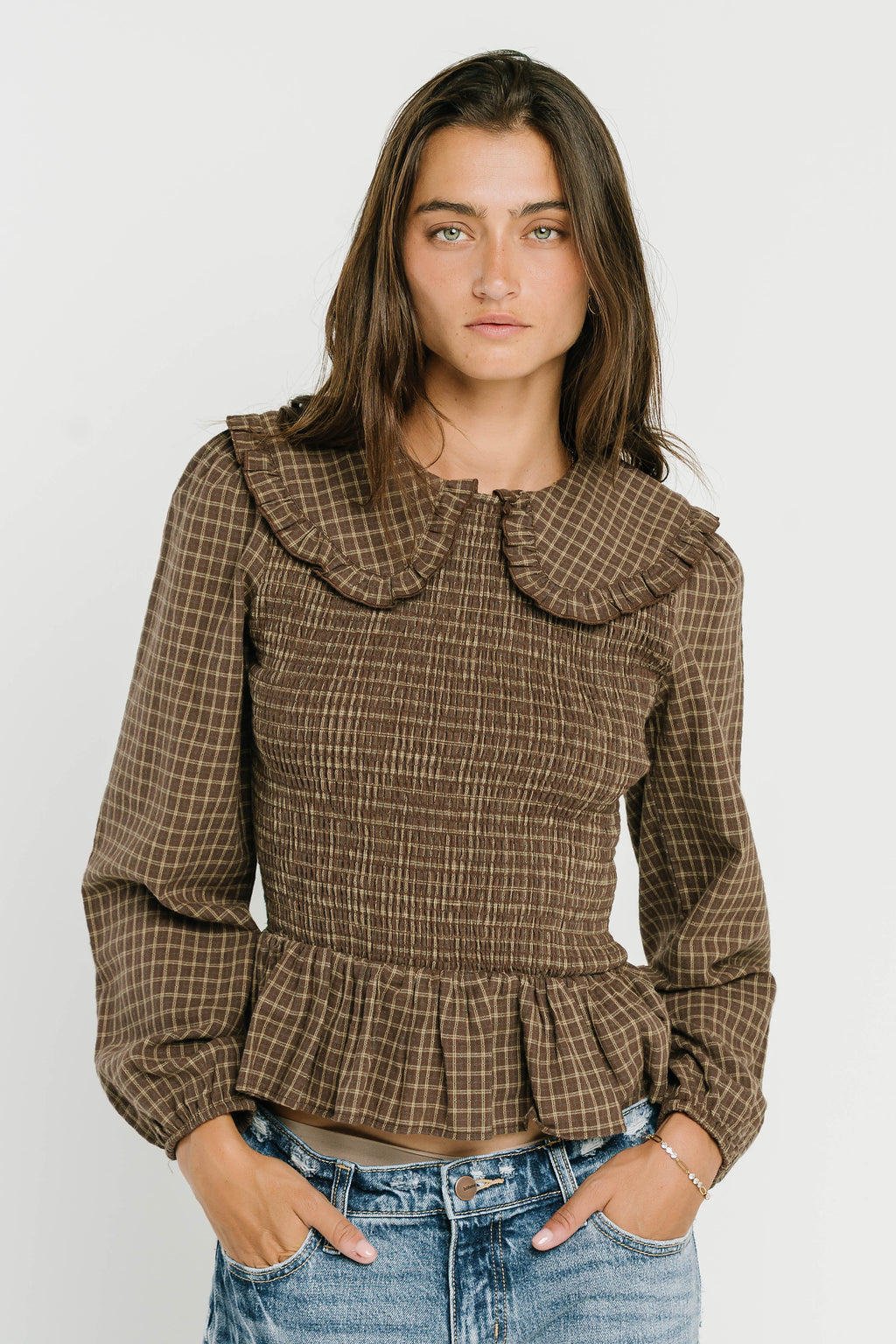 Kristy Smocked Blouse in Brown