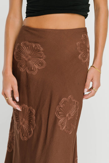 Jayda Embroidered Maxi Skirt in Brown
