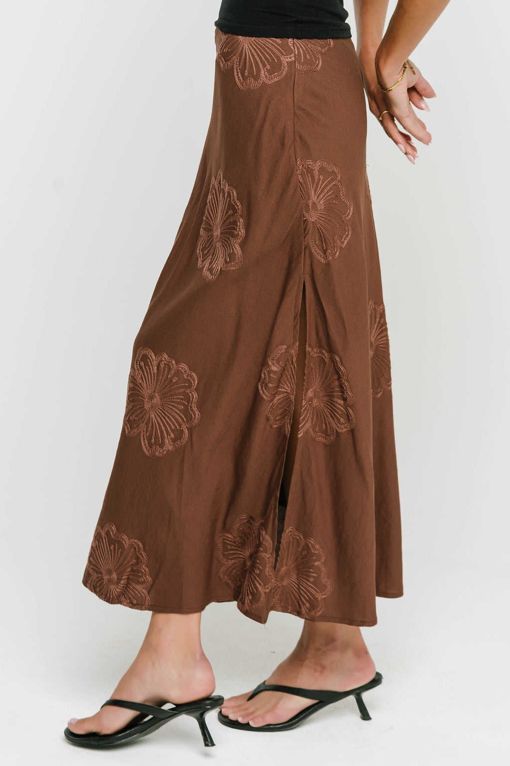 Jayda Embroidered Maxi Skirt in Brown