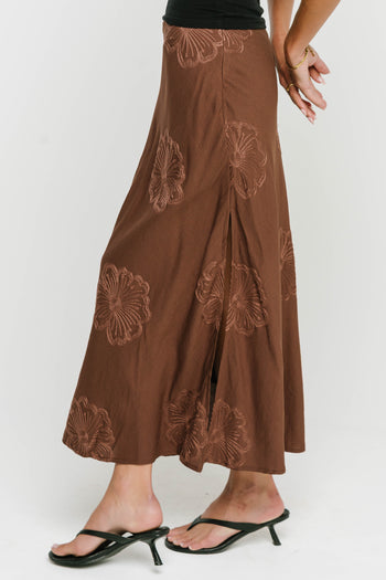 Jayda Embroidered Maxi Skirt in Brown