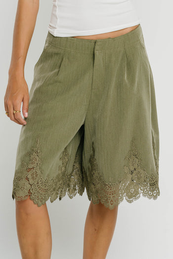 Mazie Lace Trim Shorts in Olive
