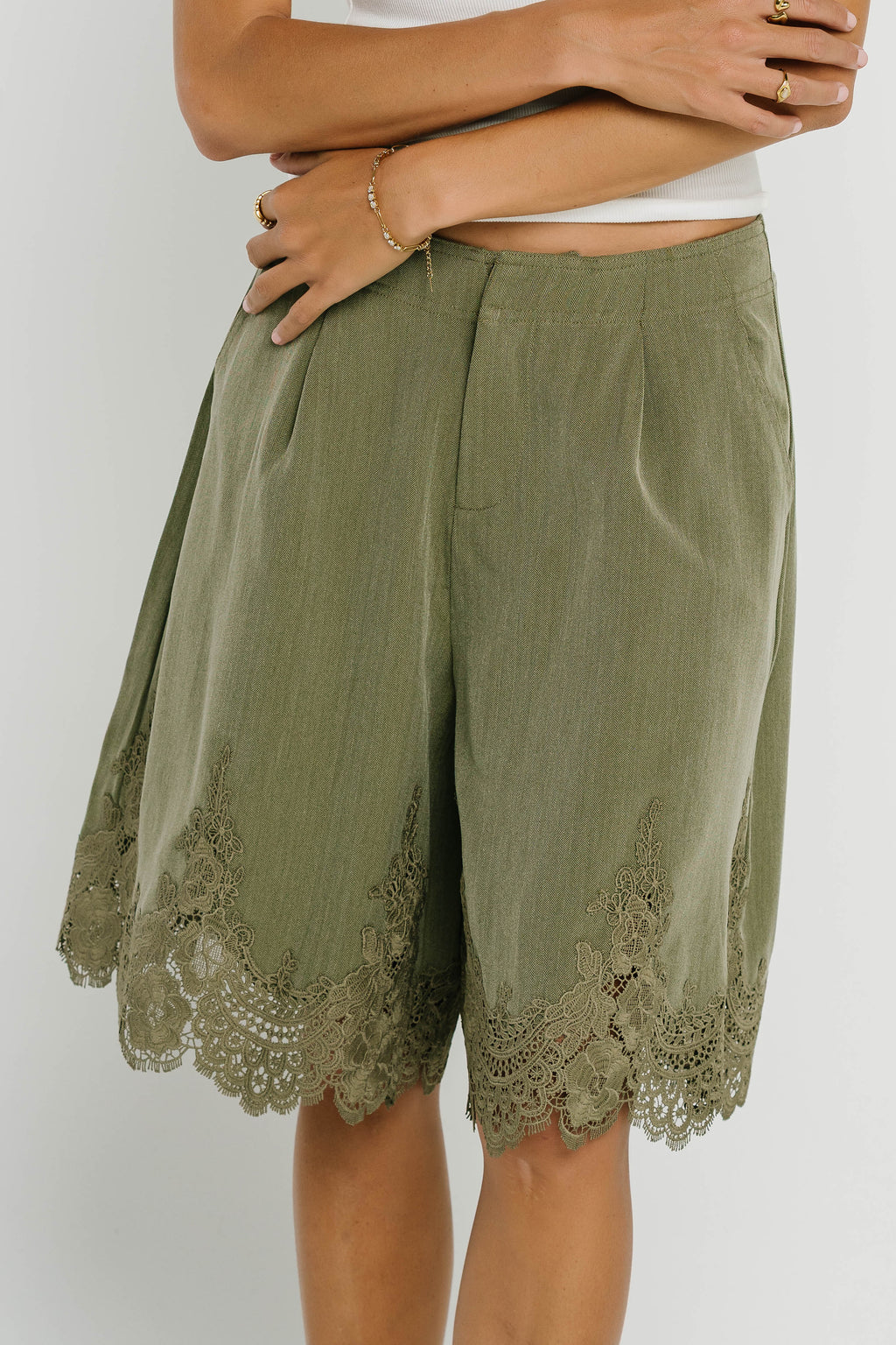 Mazie Lace Trim Shorts in Olive