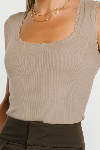 Sawyer Lace Trim Tank Top in Taupe