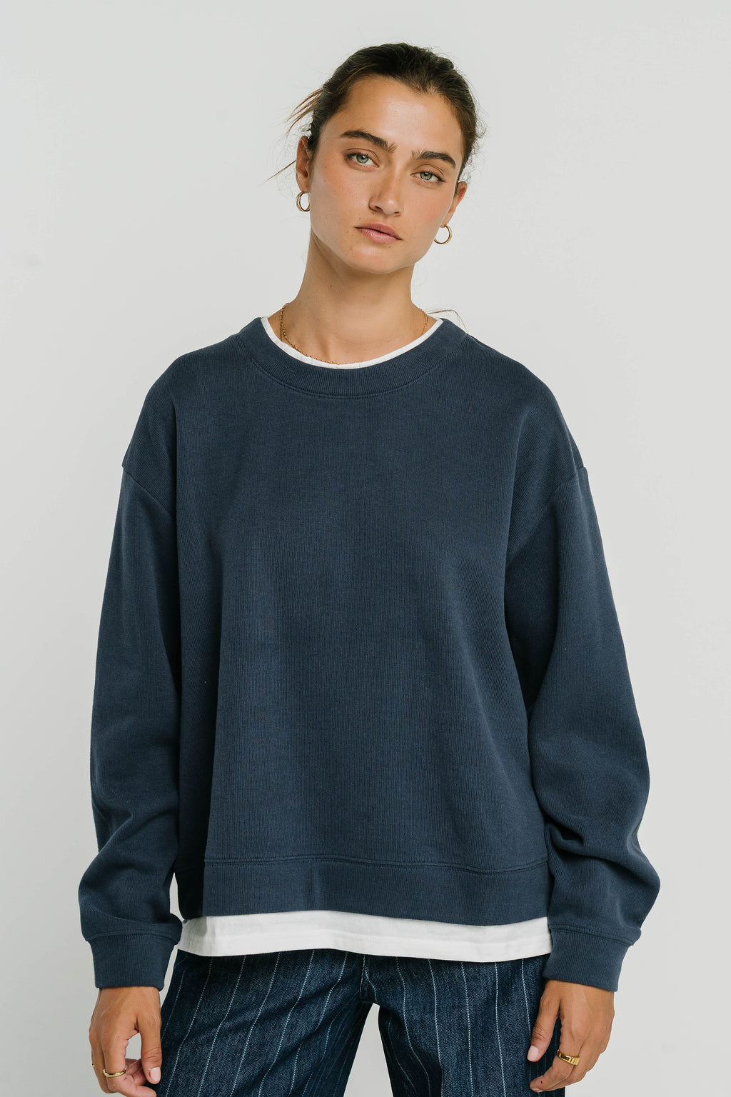 Ava Double Layer Crewneck in Navy
