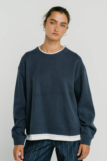 Ava Double Layer Crewneck in Navy