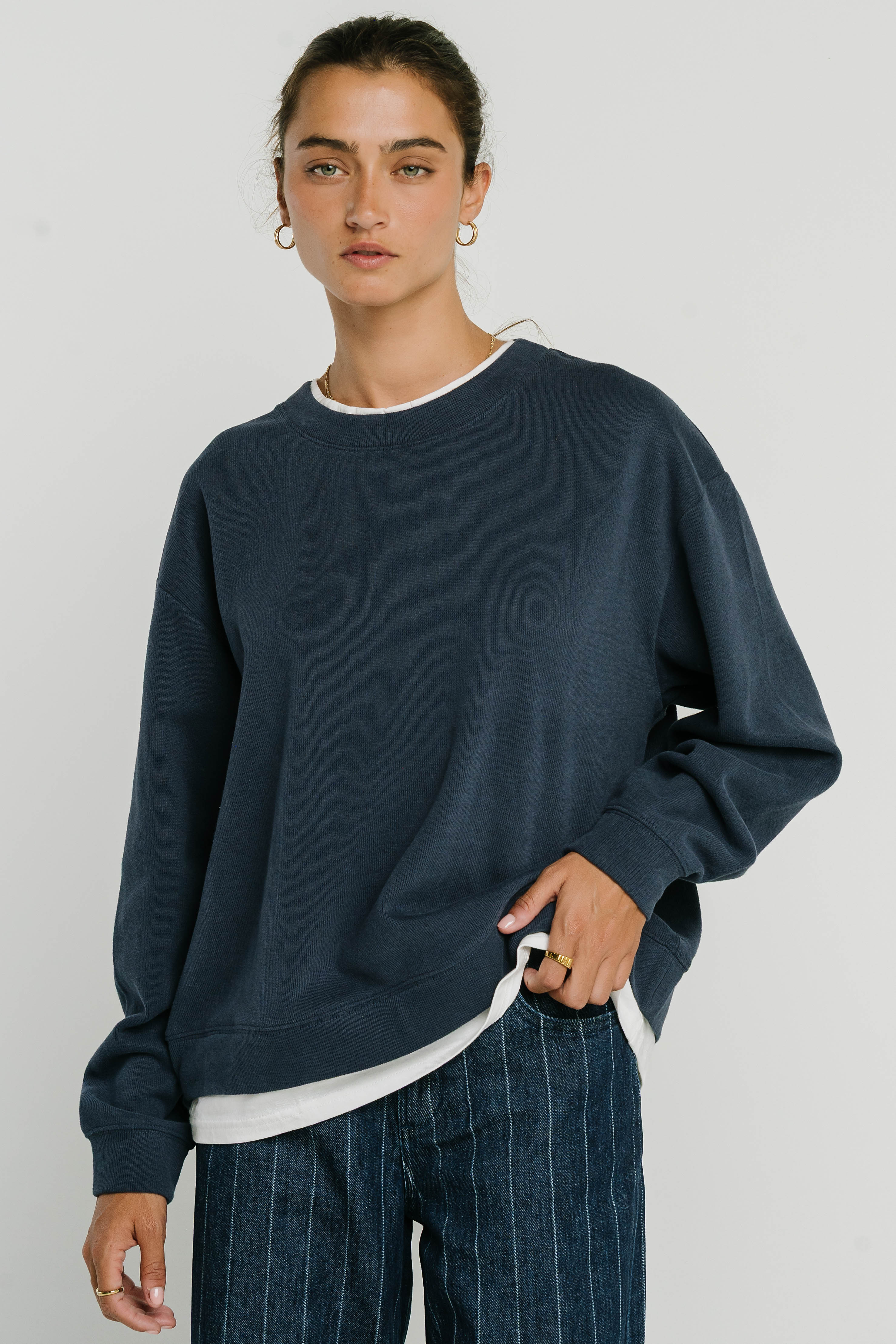 Ava Double Layer Crewneck in Navy