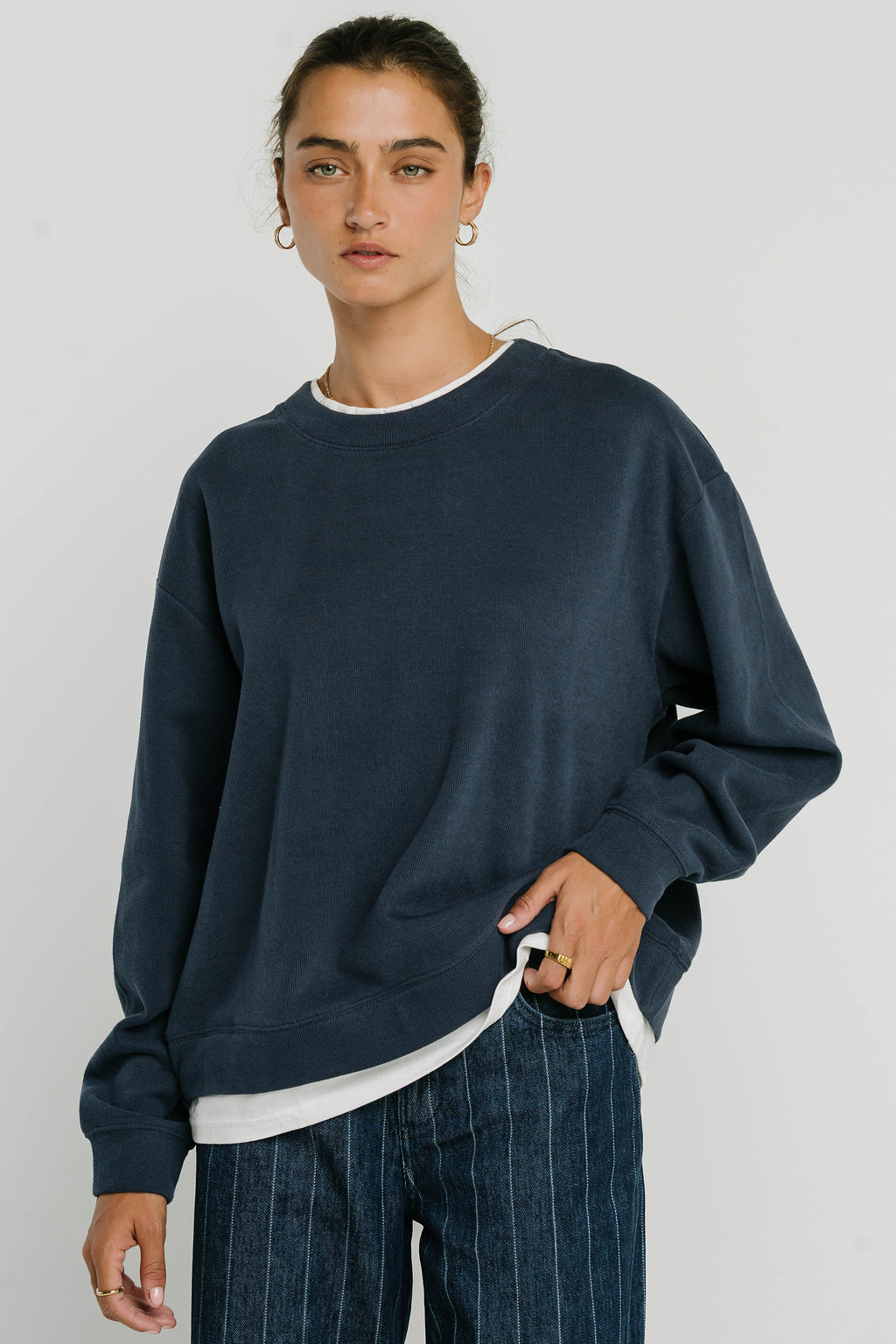 Ava Double Layer Crewneck in Navy