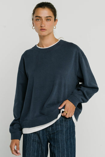 Ava Double Layer Crewneck in Navy