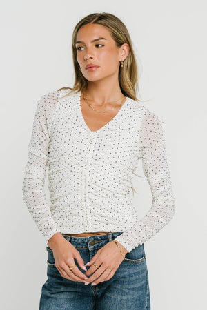 Sabrina Ruched Polka Dot Blouse in Ivory